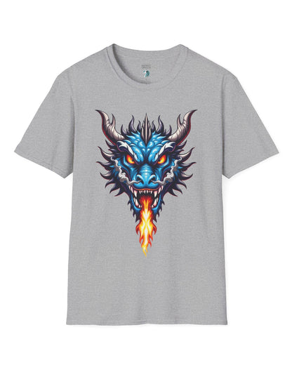 Flame and Rage shirt in sport grey, featuring a fierce blue dragon breathing fire.
