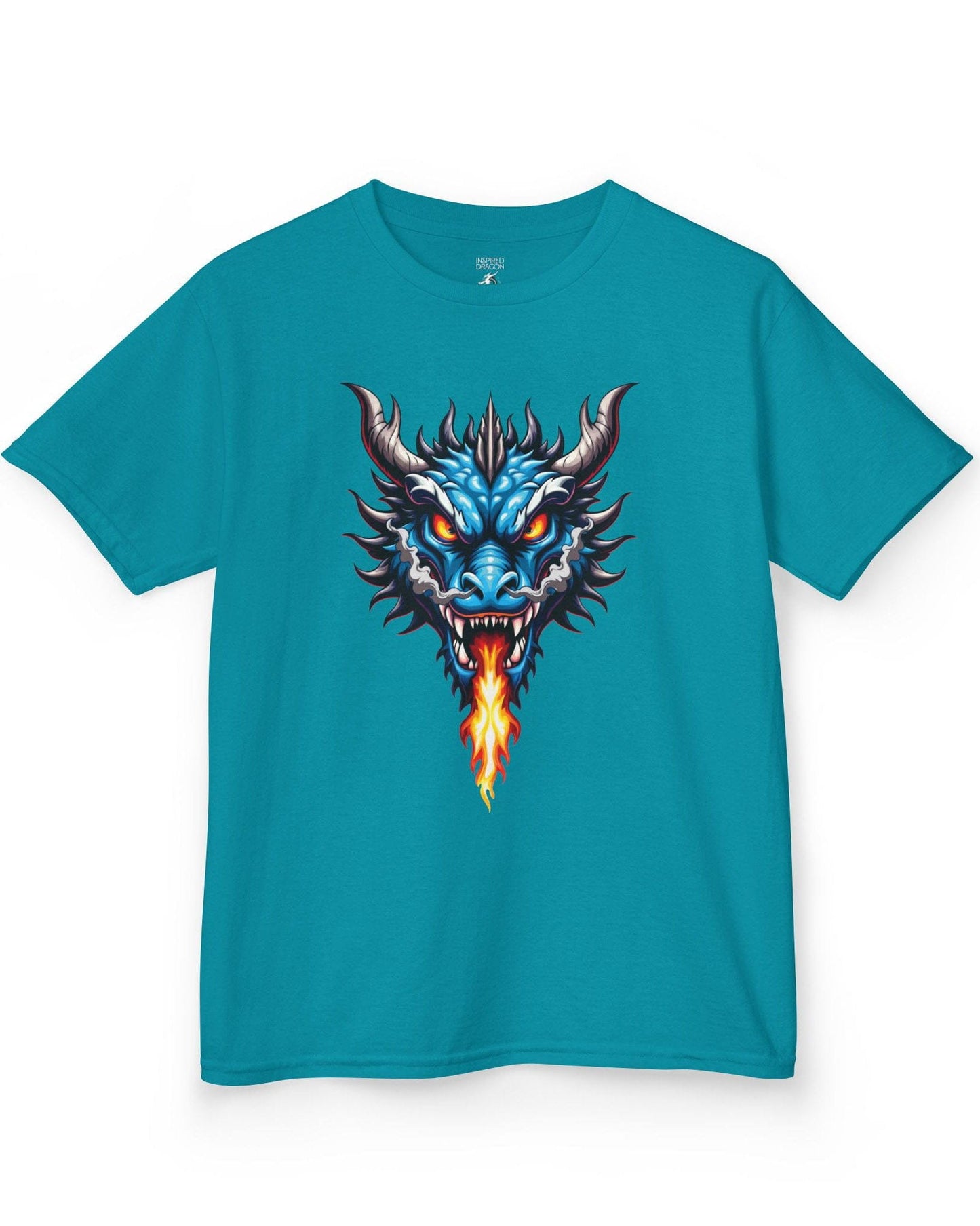Flame and Rage shirt in tropical blue, featuring a fierce blue dragon breathing fire.