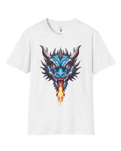Flame and Rage shirt in white, featuring a fierce blue dragon breathing fire.
