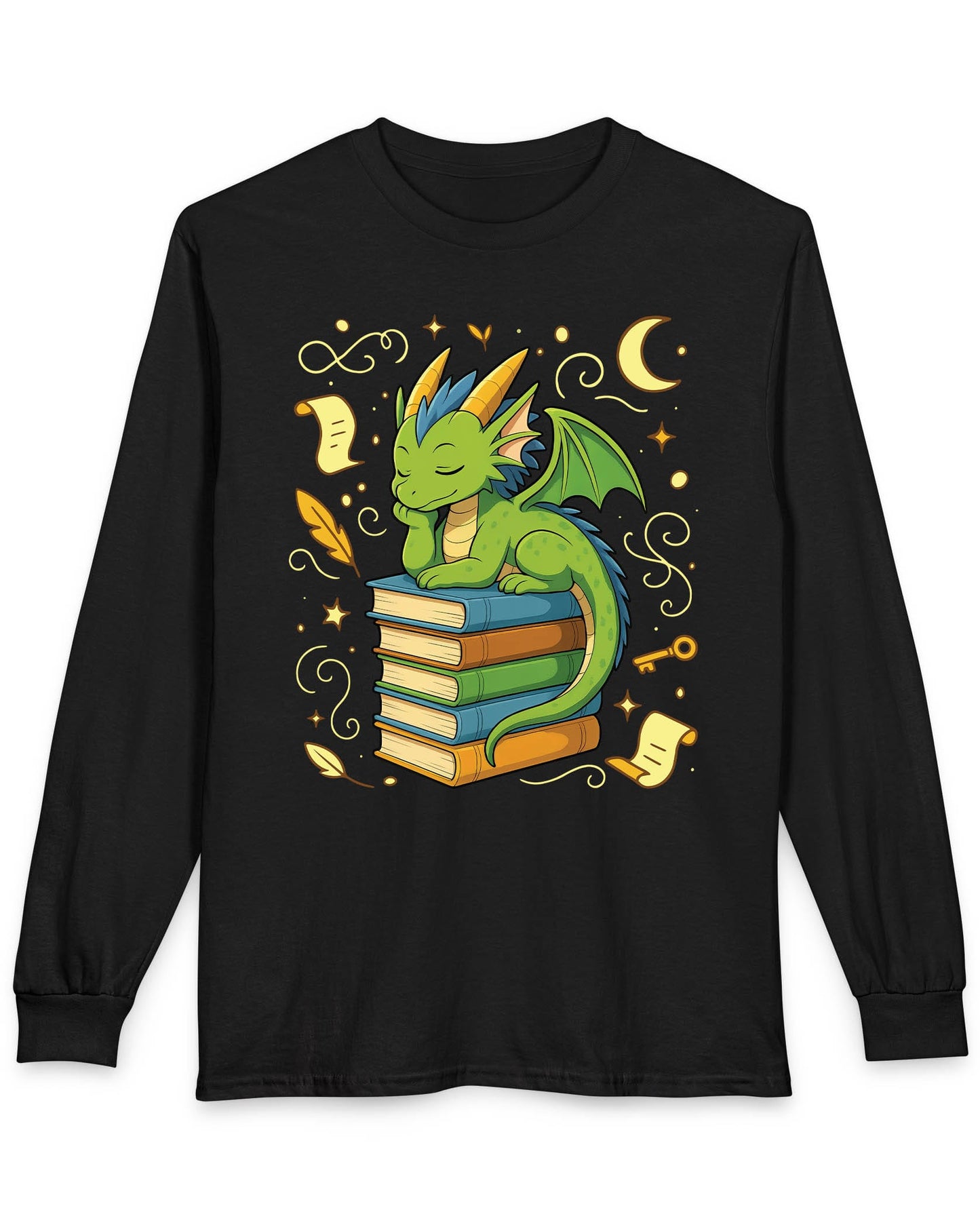 Enchanted Daydreamer shirt in black featuring a sleepy green dragon resting atop a stack of colorful books