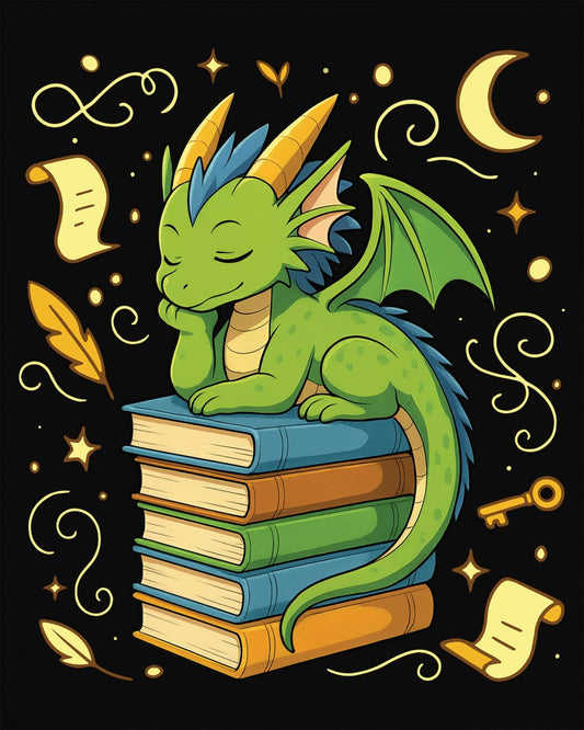 Enchanted Daydreamer shirt in black, featuring a sleepy green dragon resting atop a stack of colorful books.