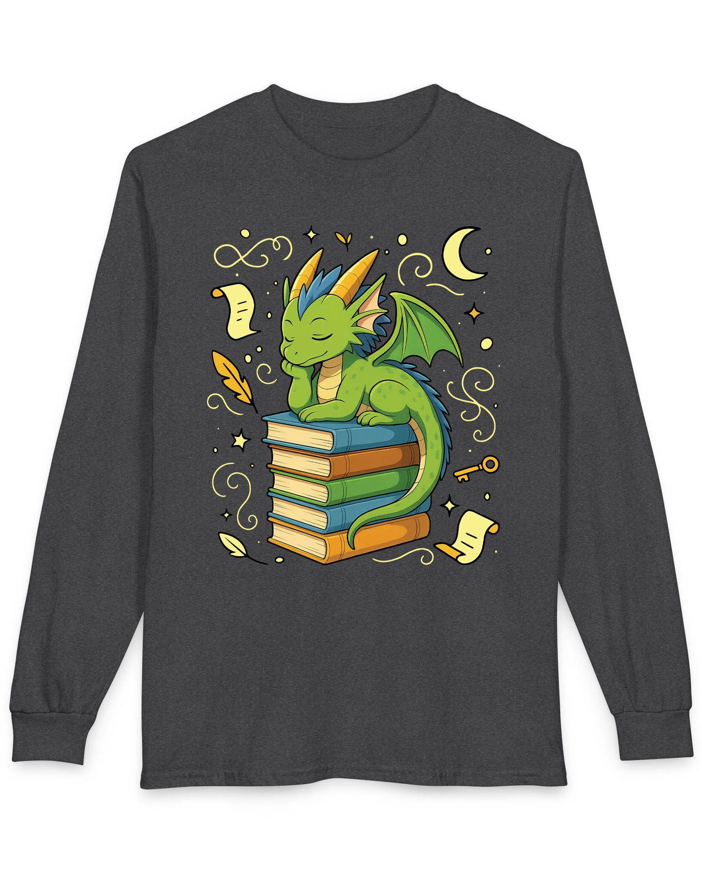 Enchanted Daydreamer shirt in dark heather featuring a sleepy green dragon resting atop a stack of colorful books
