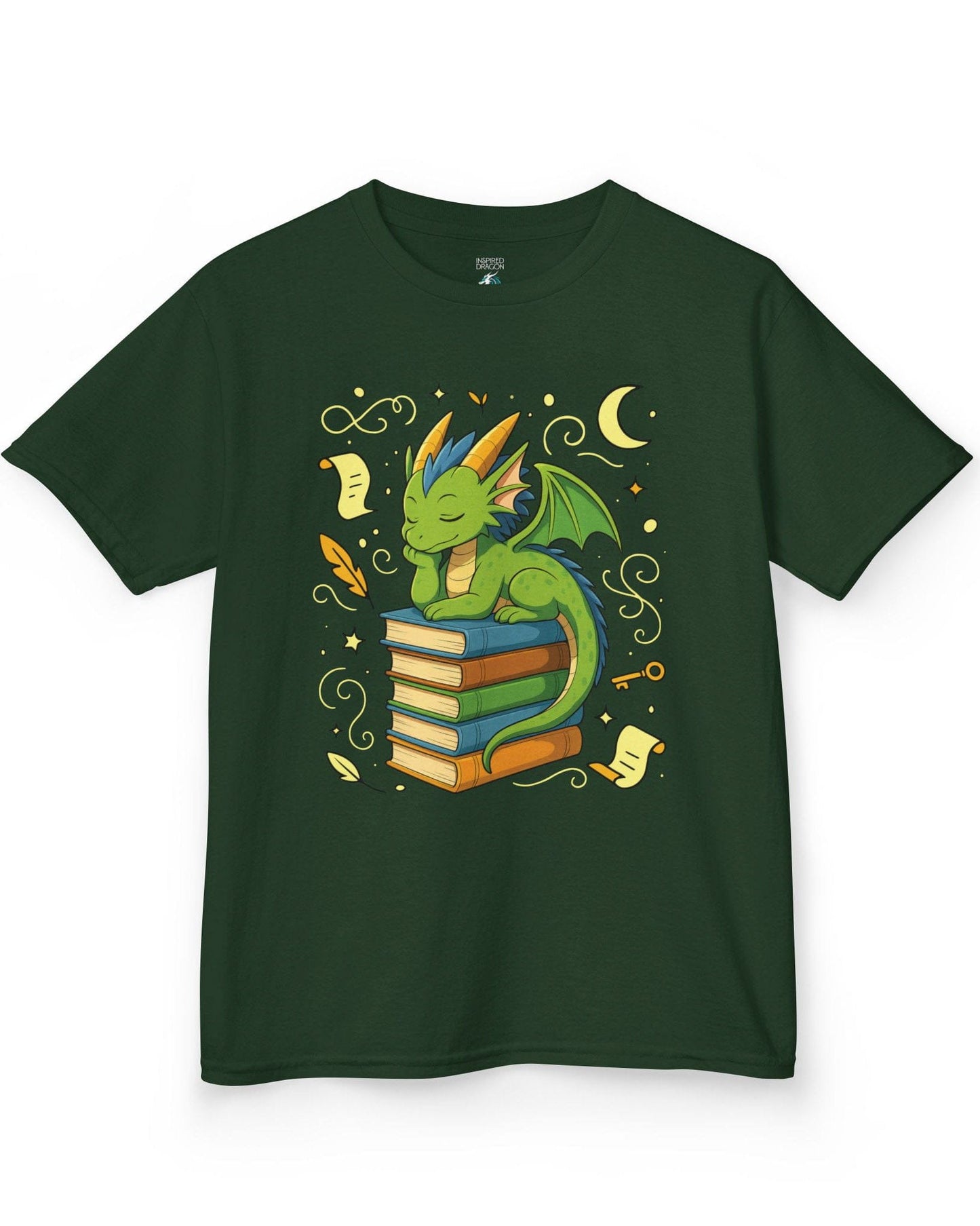 Enchanted Daydreamer shirt in forest green, featuring a sleepy green dragon resting atop a stack of colorful books.
