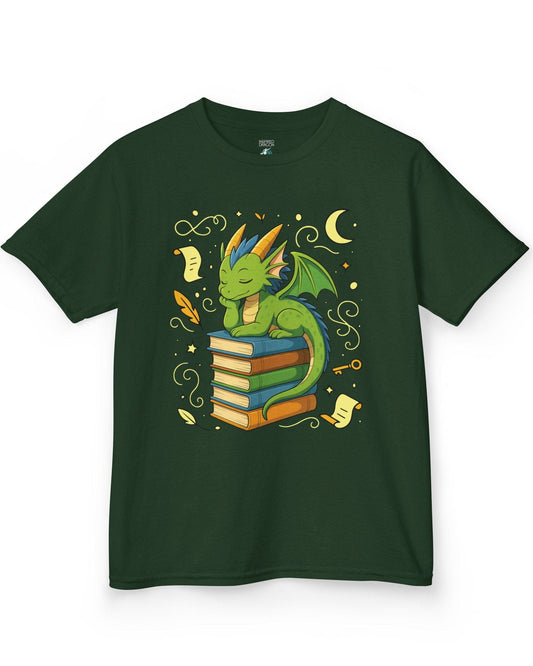 Enchanted Daydreamer shirt in forest green, featuring a sleepy green dragon resting atop a stack of colorful books.