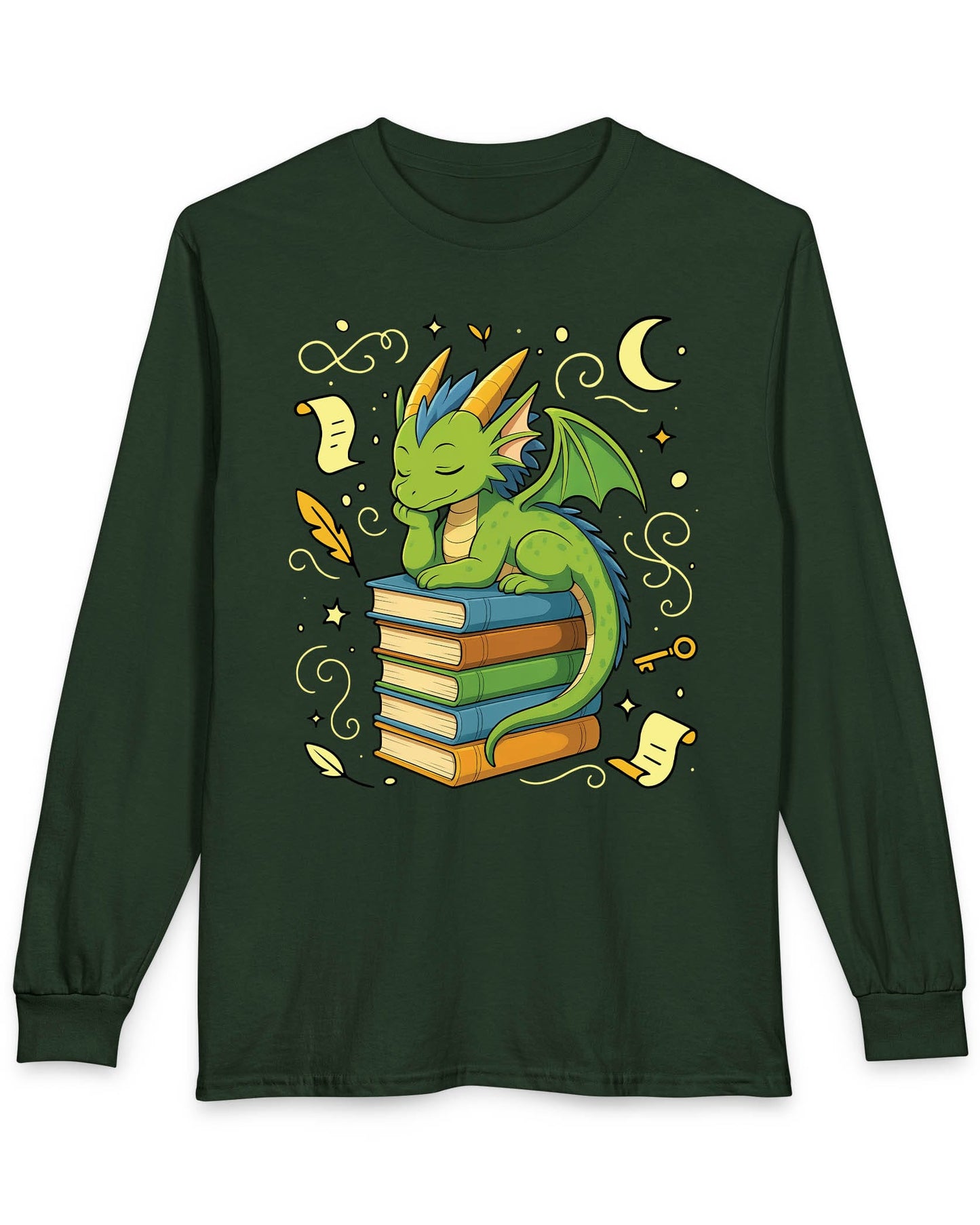Enchanted Daydreamer shirt in forest green featuring a sleepy green dragon resting atop a stack of colorful books
