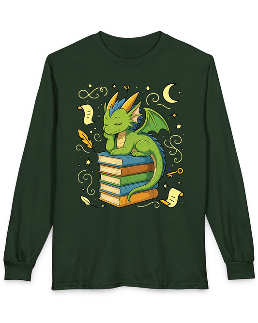 Enchanted Daydreamer shirt in forest green featuring a sleepy green dragon resting atop a stack of colorful books