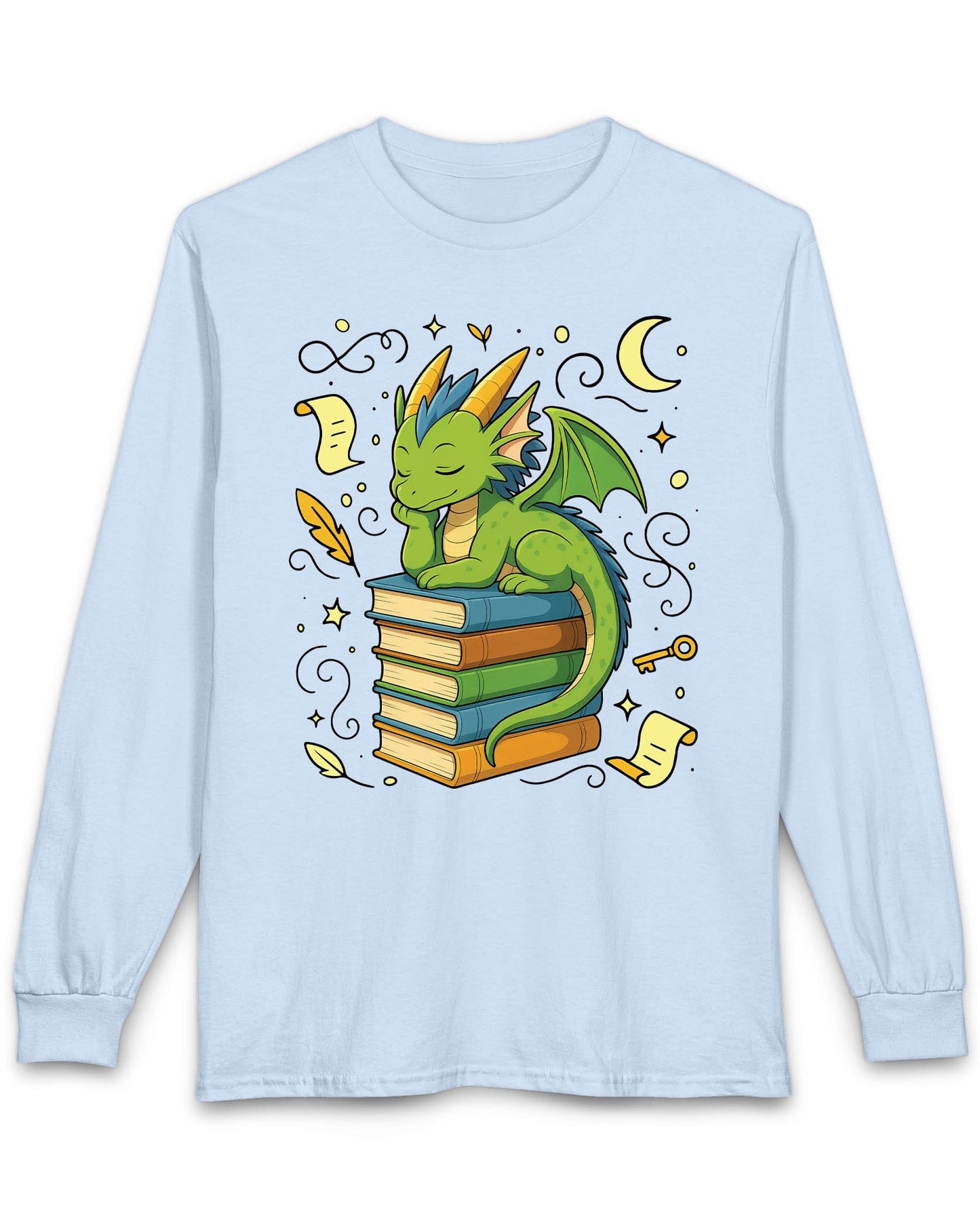 Enchanted Daydreamer shirt in light blue featuring a sleepy green dragon resting atop a stack of colorful books