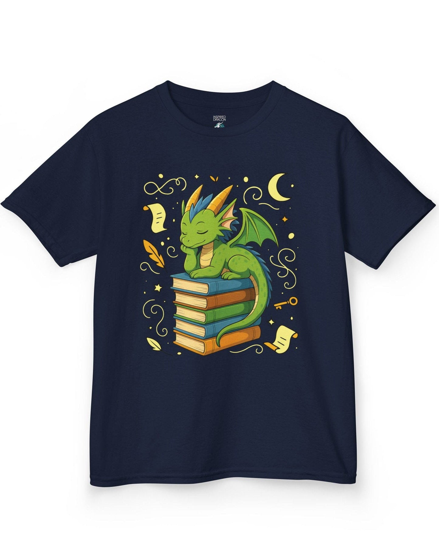 Enchanted Daydreamer shirt in navy, featuring a sleepy green dragon resting atop a stack of colorful books.
