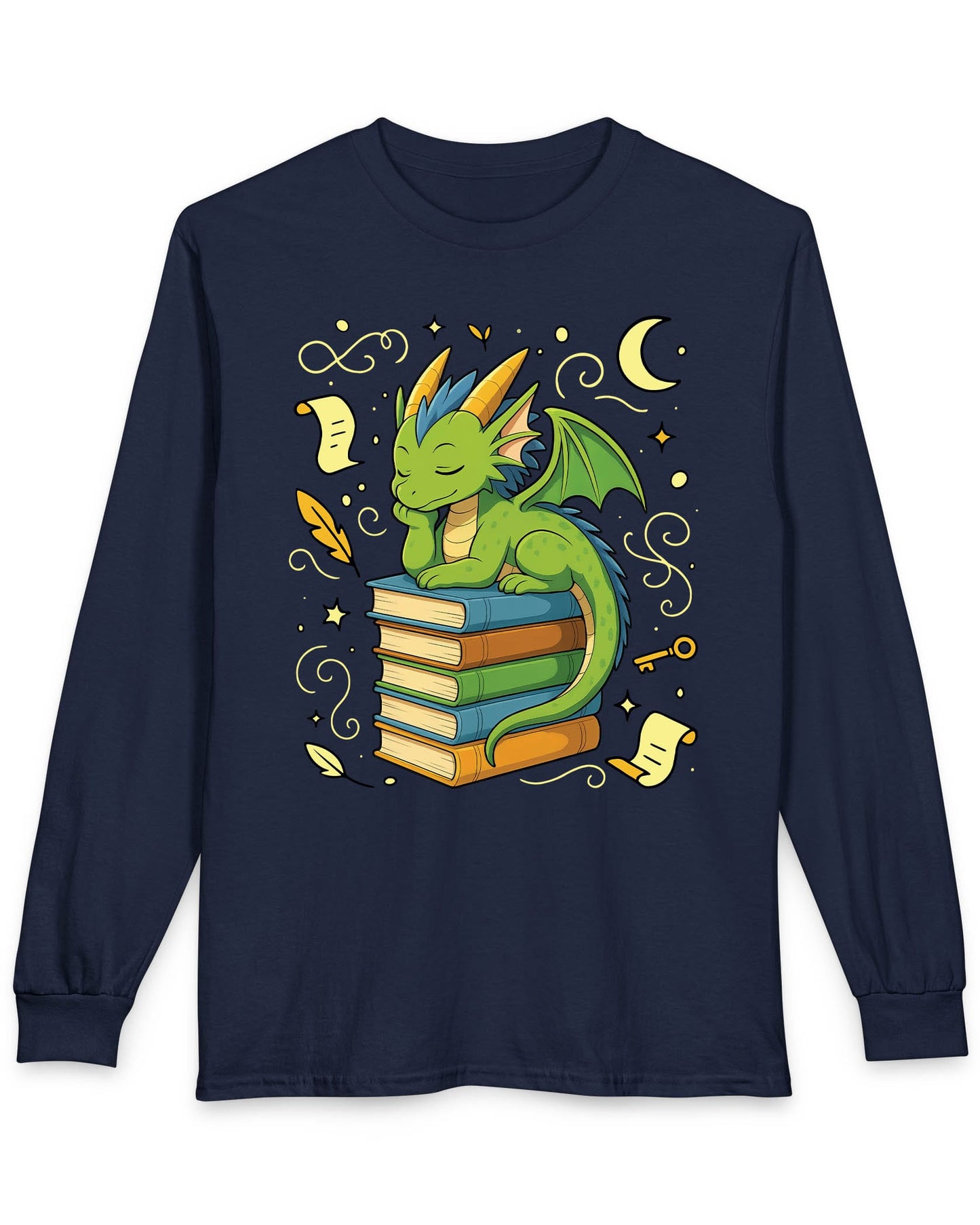 Enchanted Daydreamer shirt in navy featuring a sleepy green dragon resting atop a stack of colorful books