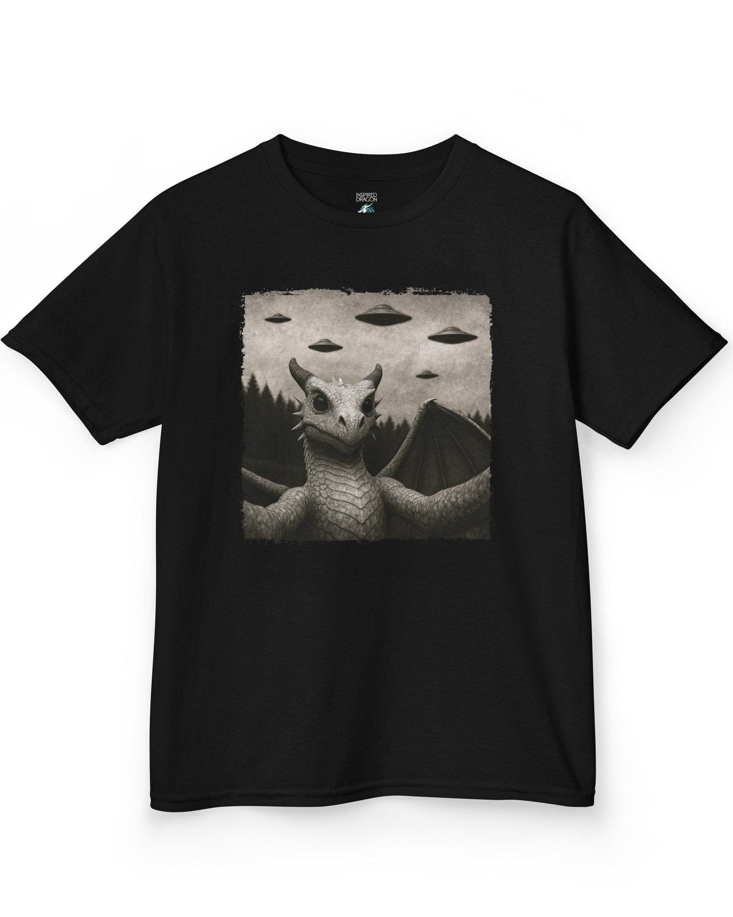 Dragon UFO Selfie shirt in black, featuring a grayscale dragon taking a selfie with flying saucers overhead.