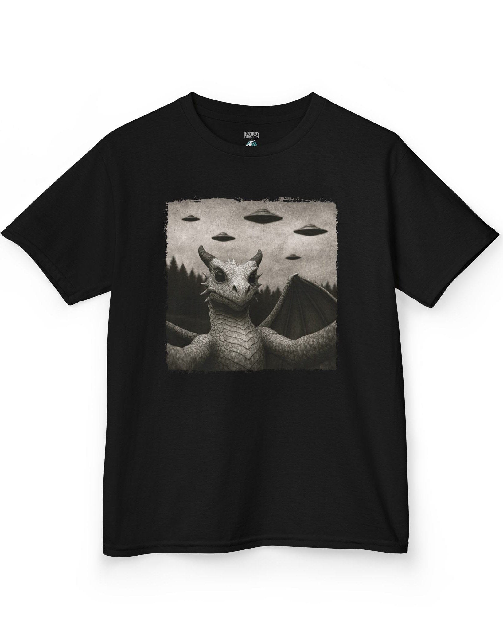 Dragon UFO Selfie shirt in black, featuring a grayscale dragon taking a selfie with flying saucers overhead.