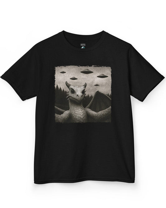 Dragon UFO Selfie shirt in black, featuring a grayscale dragon taking a selfie with flying saucers overhead.
