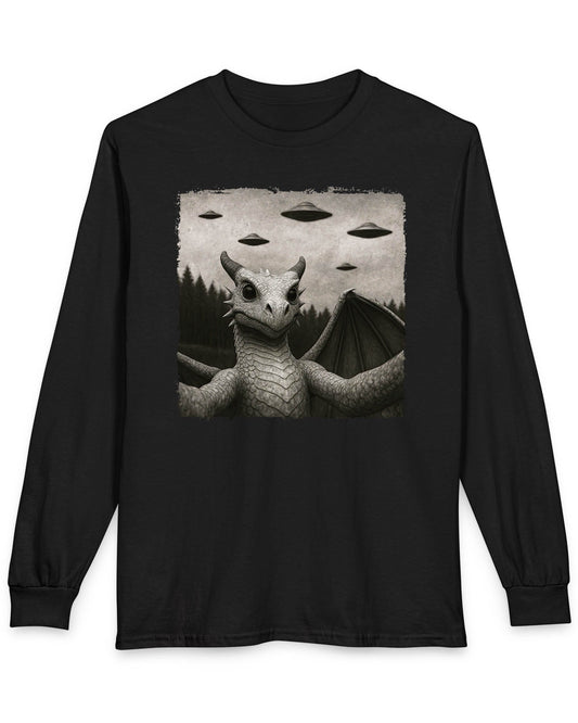Dragon UFO Selfie shirt in black featuring a grayscale dragon taking a selfie with flying saucers overhead