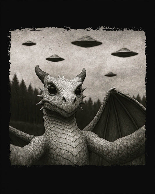 Dragon UFO Selfie shirt in black, featuring a grayscale dragon taking a selfie with flying saucers overhead.