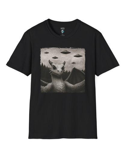 Dragon UFO Selfie shirt in black, featuring a grayscale dragon taking a selfie with flying saucers overhead.
