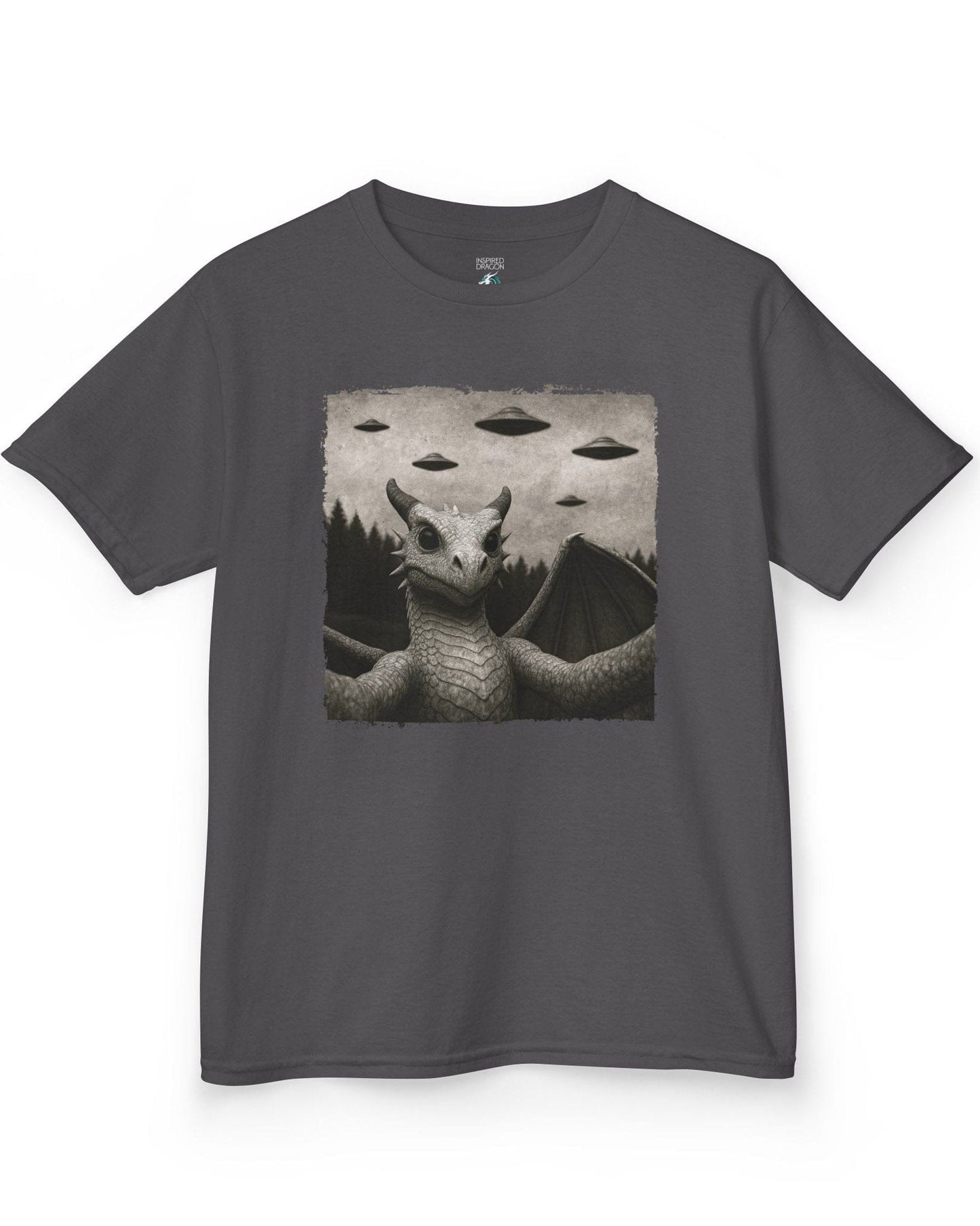 Dragon UFO Selfie shirt in charcoal, featuring a grayscale dragon taking a selfie with flying saucers overhead.