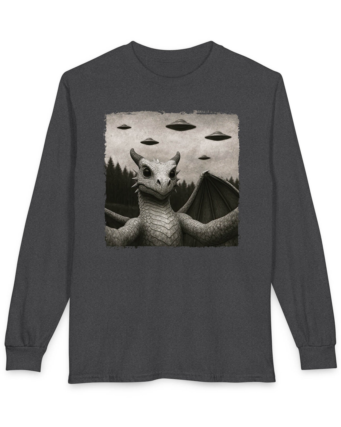 Dragon UFO Selfie shirt in dark heather featuring a grayscale dragon taking a selfie with flying saucers overhead