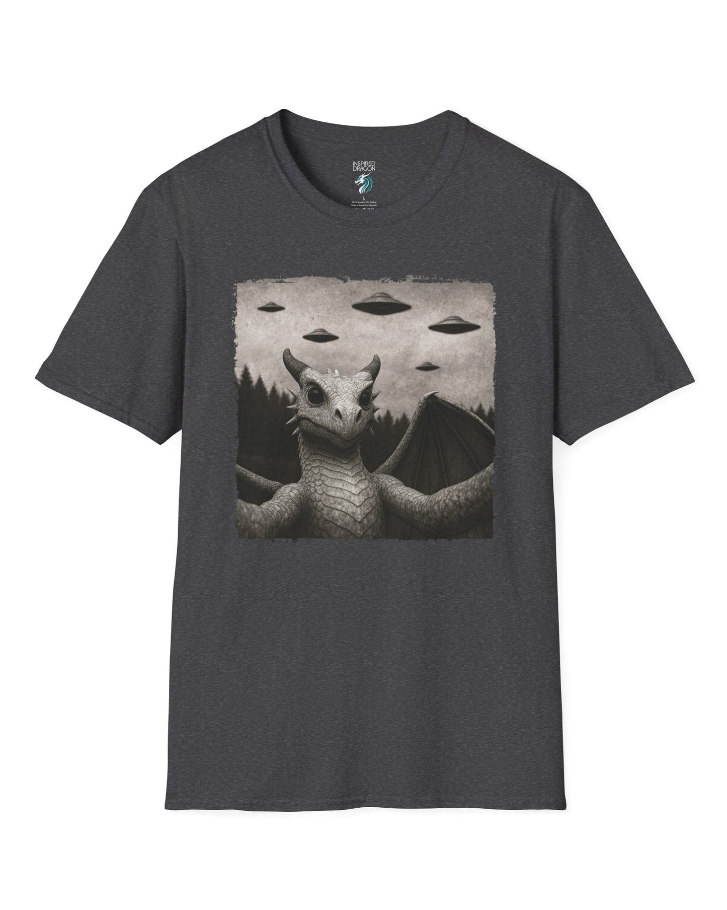 Dragon UFO Selfie shirt in dark heather grey, featuring a grayscale dragon taking a selfie with flying saucers overhead.
