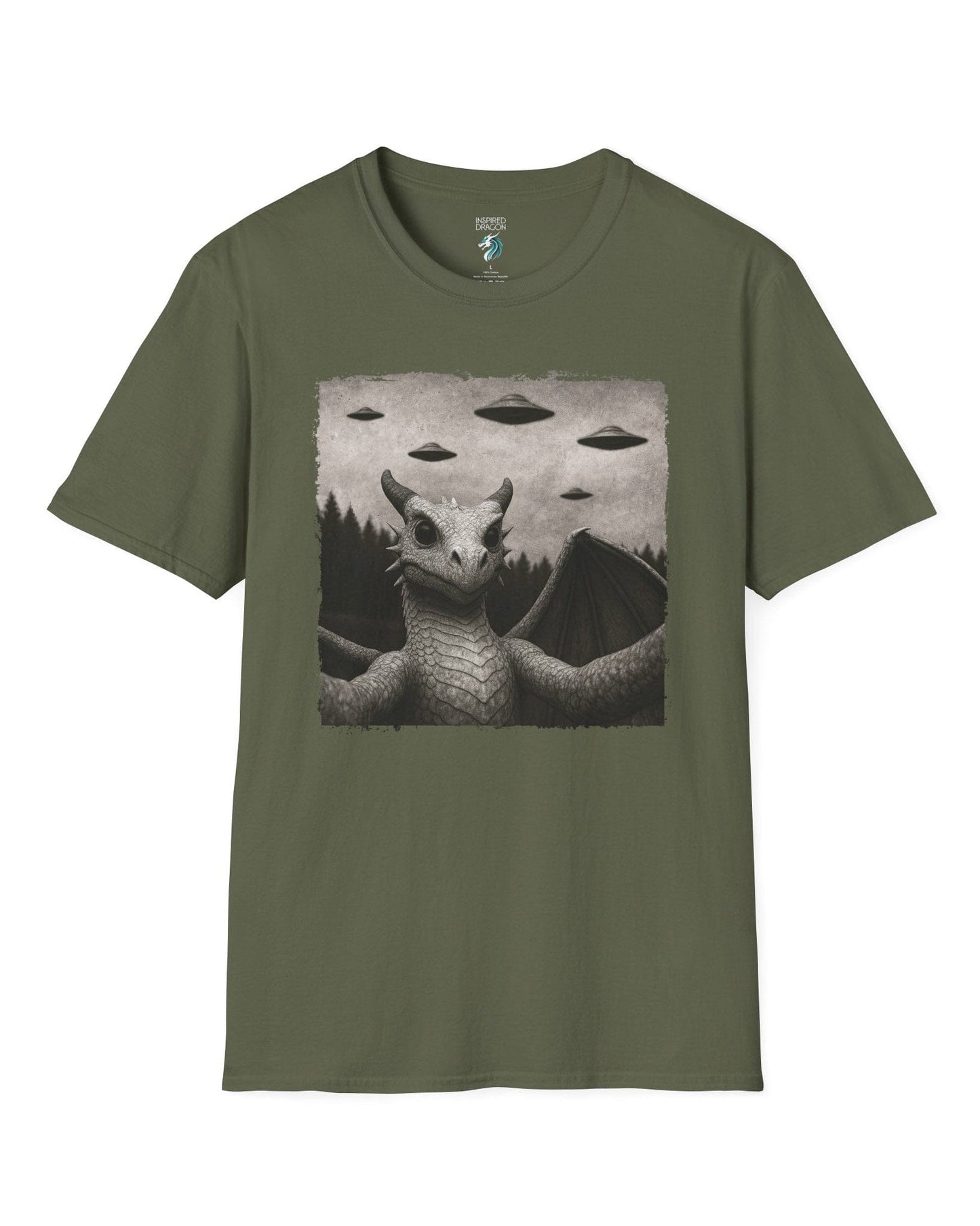 Dragon UFO Selfie shirt in military green, featuring a grayscale dragon taking a selfie with flying saucers overhead.
