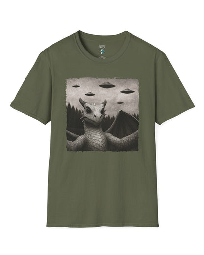 Dragon UFO Selfie shirt in military green, featuring a grayscale dragon taking a selfie with flying saucers overhead.

