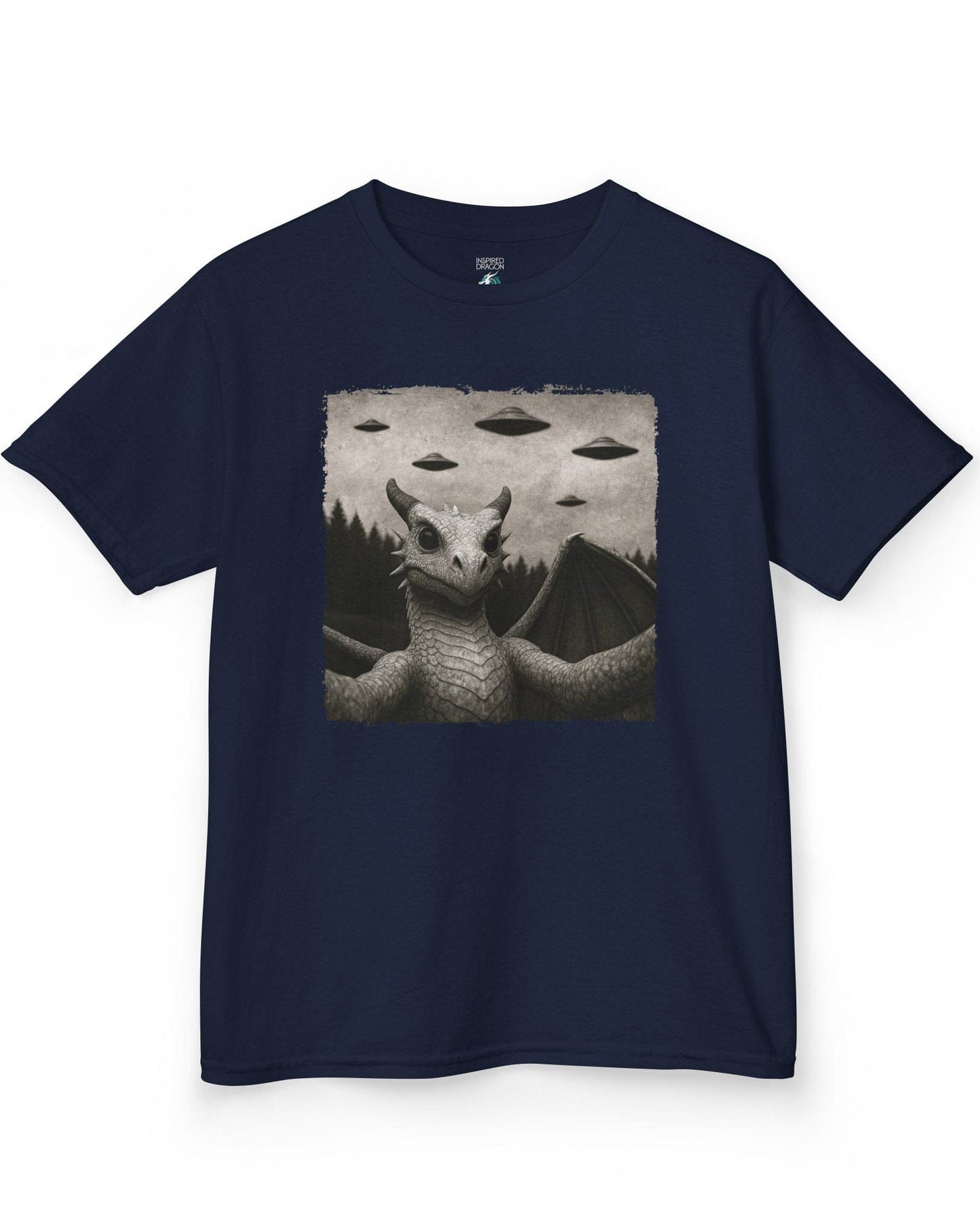 Dragon UFO Selfie shirt in navy, featuring a grayscale dragon taking a selfie with flying saucers overhead.