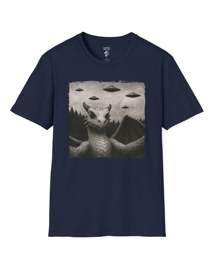 Dragon UFO Selfie shirt in navy, featuring a grayscale dragon taking a selfie with flying saucers overhead.
