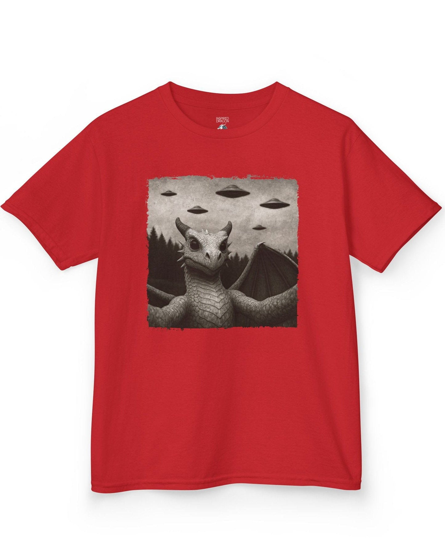 Dragon UFO Selfie shirt in red, featuring a grayscale dragon taking a selfie with flying saucers overhead.