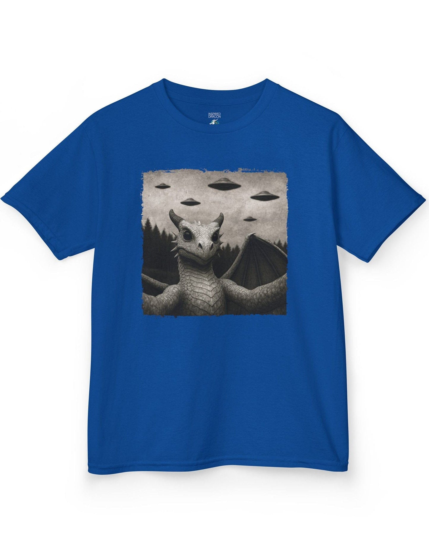 Dragon UFO Selfie shirt in royal blue, featuring a grayscale dragon taking a selfie with flying saucers overhead.
