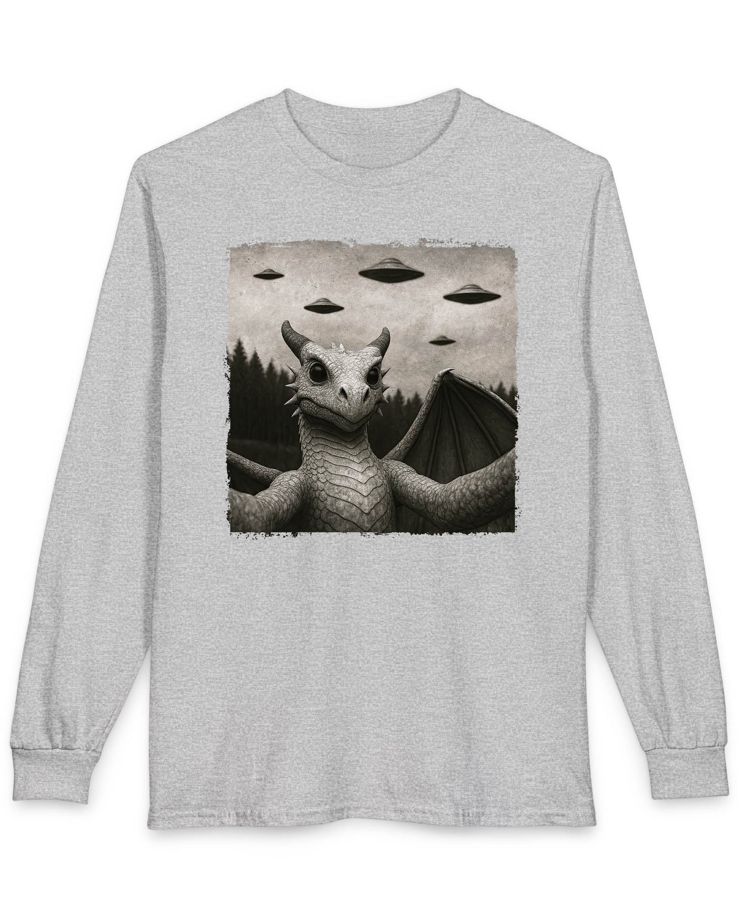 Dragon UFO Selfie shirt in sport grey featuring a grayscale dragon taking a selfie with flying saucers overhead