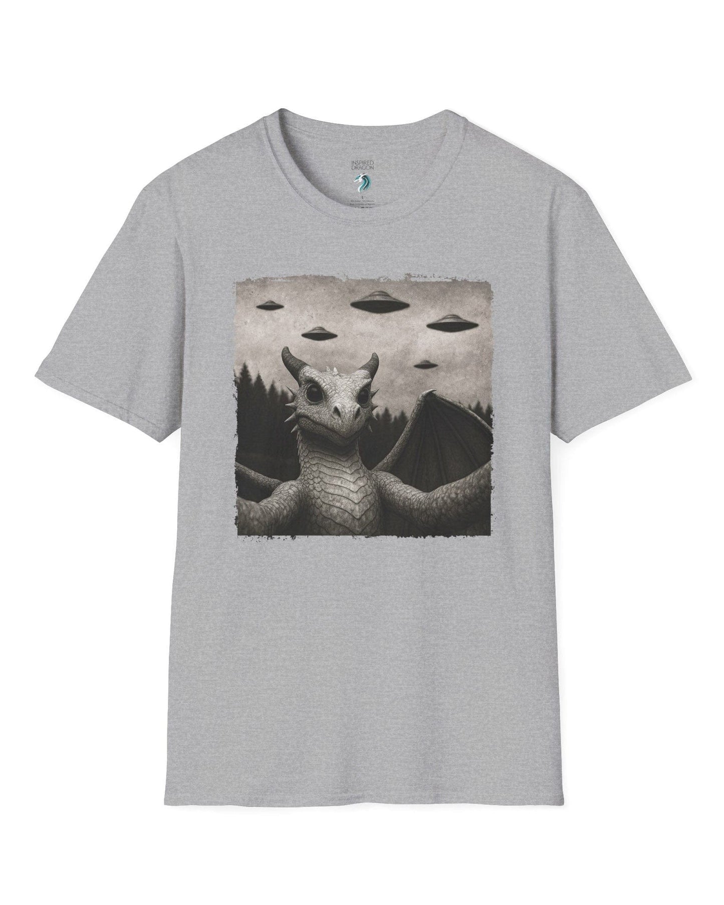 Dragon UFO Selfie shirt in sport grey, featuring a grayscale dragon taking a selfie with flying saucers overhead.

