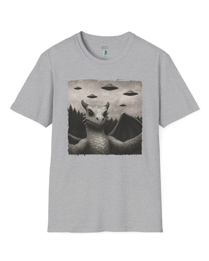 Dragon UFO Selfie shirt in sport grey, featuring a grayscale dragon taking a selfie with flying saucers overhead.
