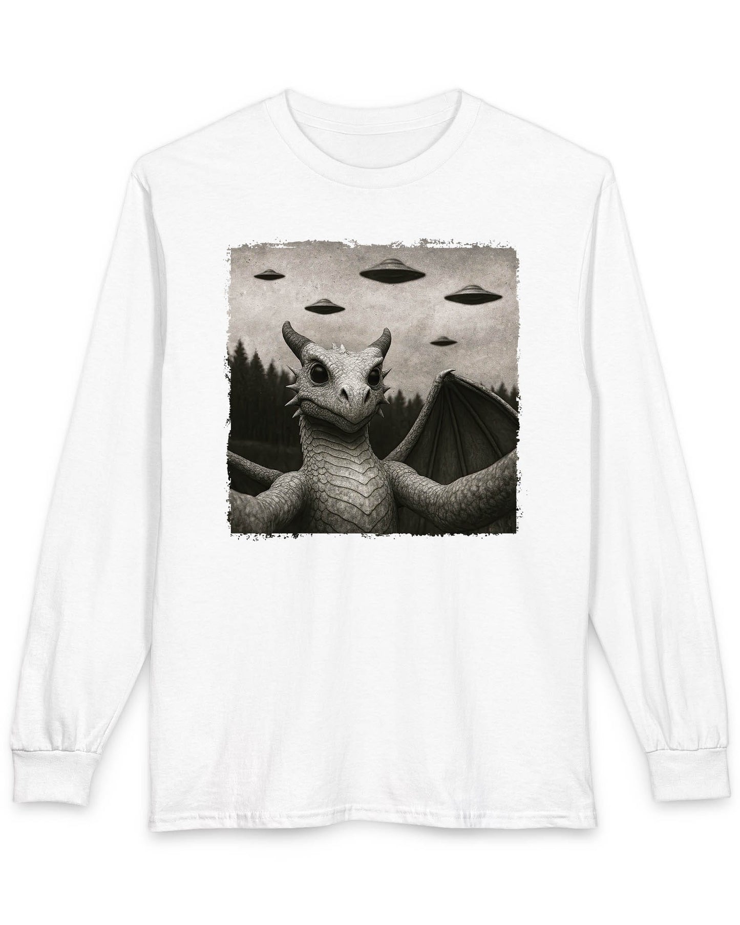 Dragon UFO Selfie shirt in white featuring a grayscale dragon taking a selfie with flying saucers overhead