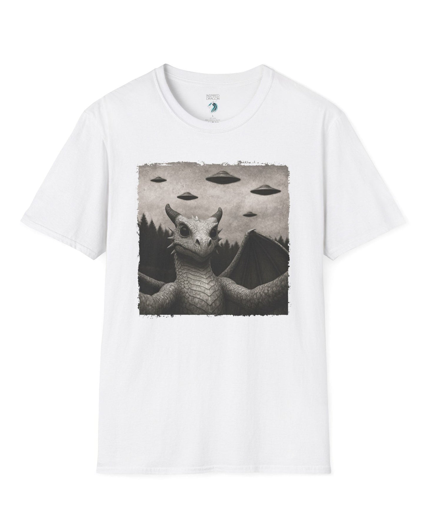 Dragon UFO Selfie shirt in white, featuring a grayscale dragon taking a selfie with flying saucers overhead.
