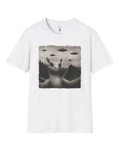 Dragon UFO Selfie shirt in white, featuring a grayscale dragon taking a selfie with flying saucers overhead.
