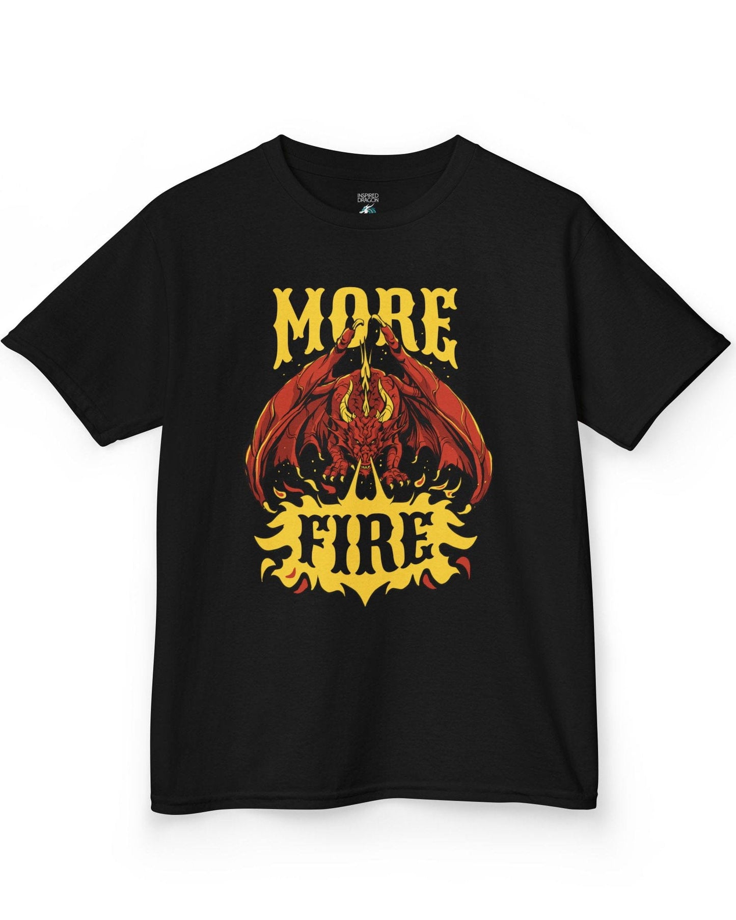 MORE FIRE shirt in black, featuring a red dragon unleashing flames beneath bold yellow text.