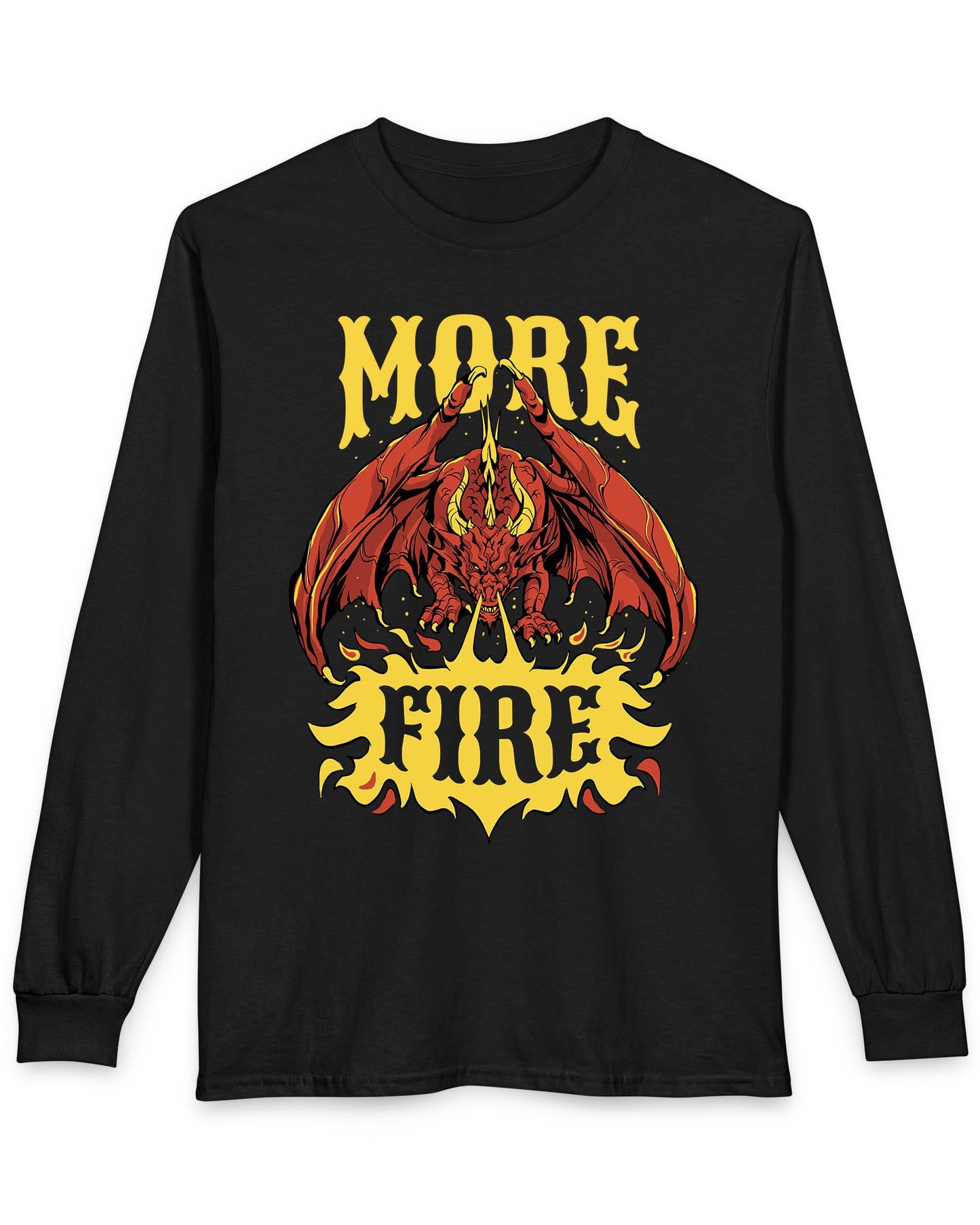 MORE FIRE shirt in black featuring a red dragon unleashing flames beneath bold yellow text