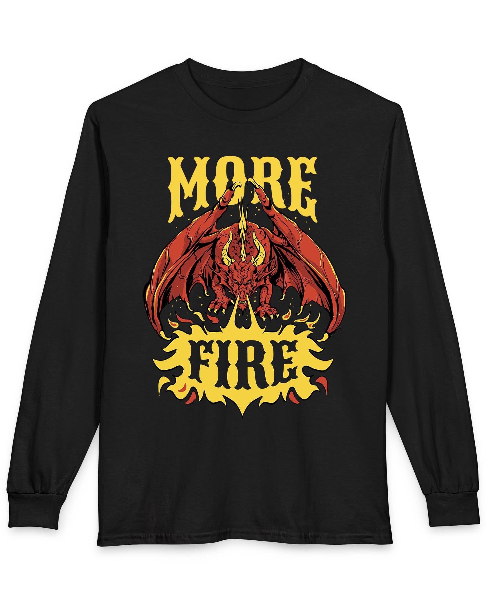 MORE FIRE shirt in black featuring a red dragon unleashing flames beneath bold yellow text
