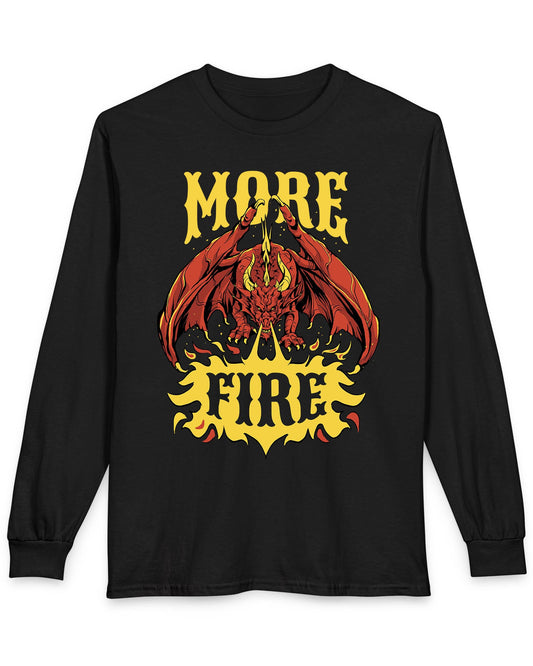MORE FIRE shirt in black featuring a red dragon unleashing flames beneath bold yellow text
