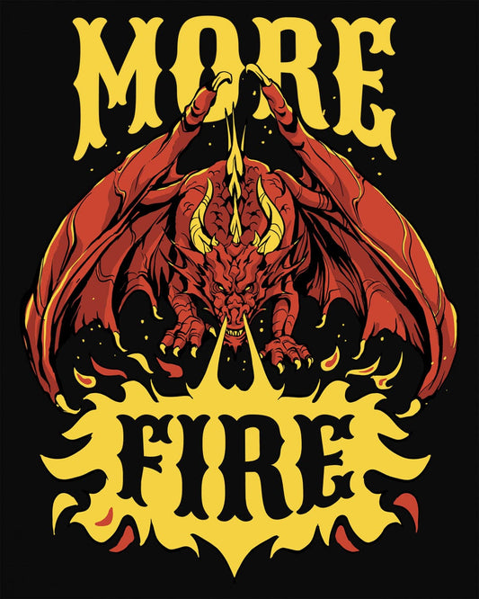 MORE FIRE shirt in black, featuring a red dragon unleashing flames beneath bold yellow text.