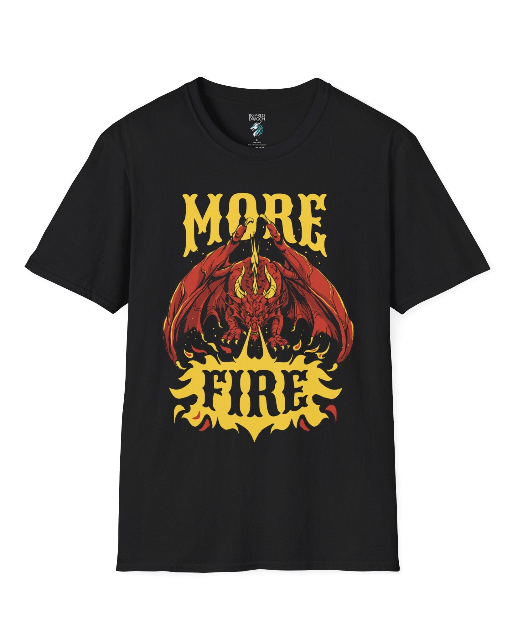 MORE FIRE shirt in black, featuring a red dragon unleashing flames beneath bold yellow text.

