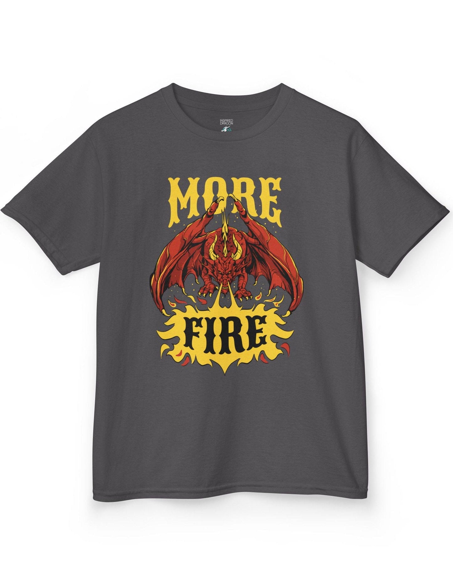 MORE FIRE shirt in charcoal, featuring a red dragon unleashing flames beneath bold yellow text.