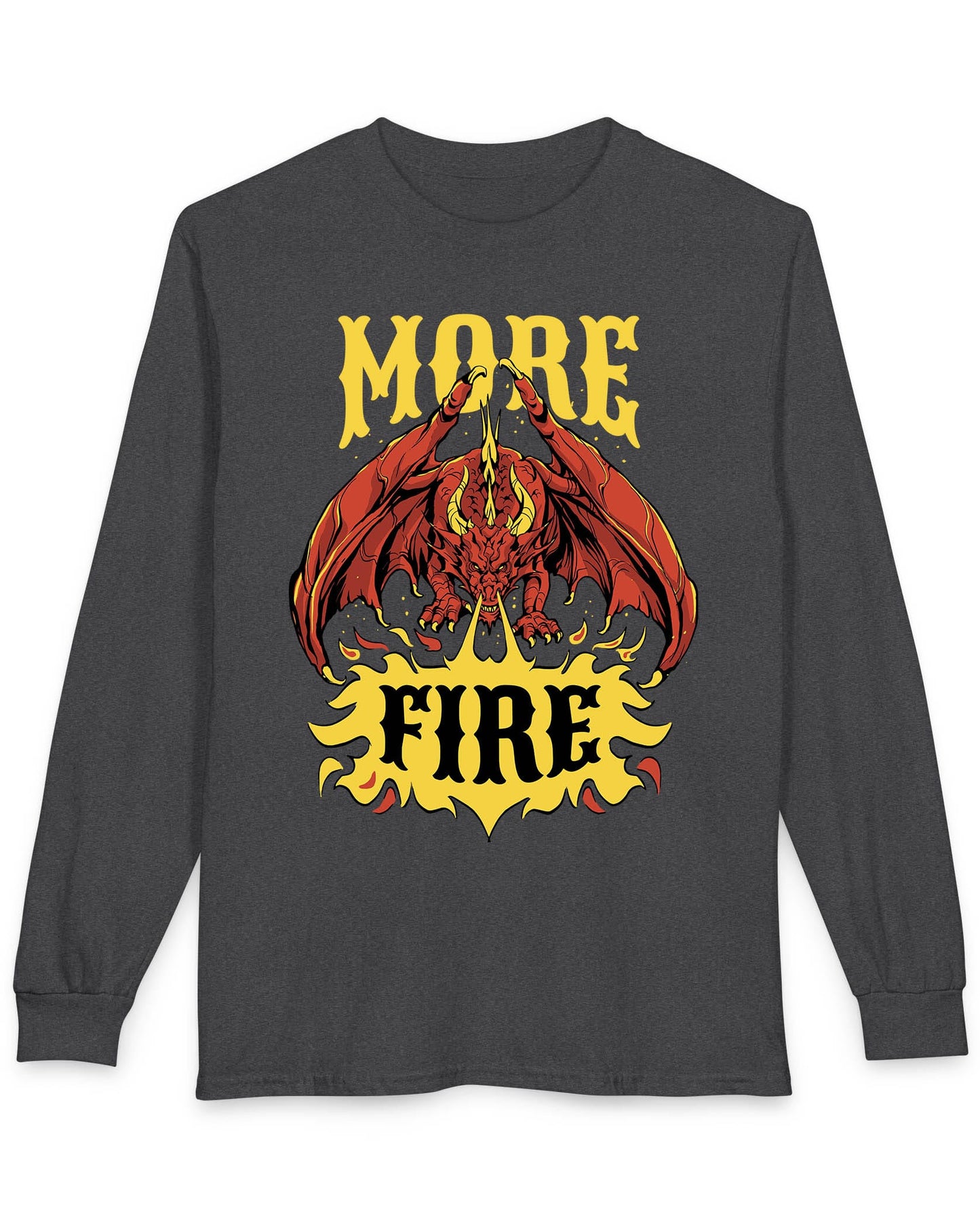 MORE FIRE shirt in dark heather featuring a red dragon unleashing flames beneath bold yellow text