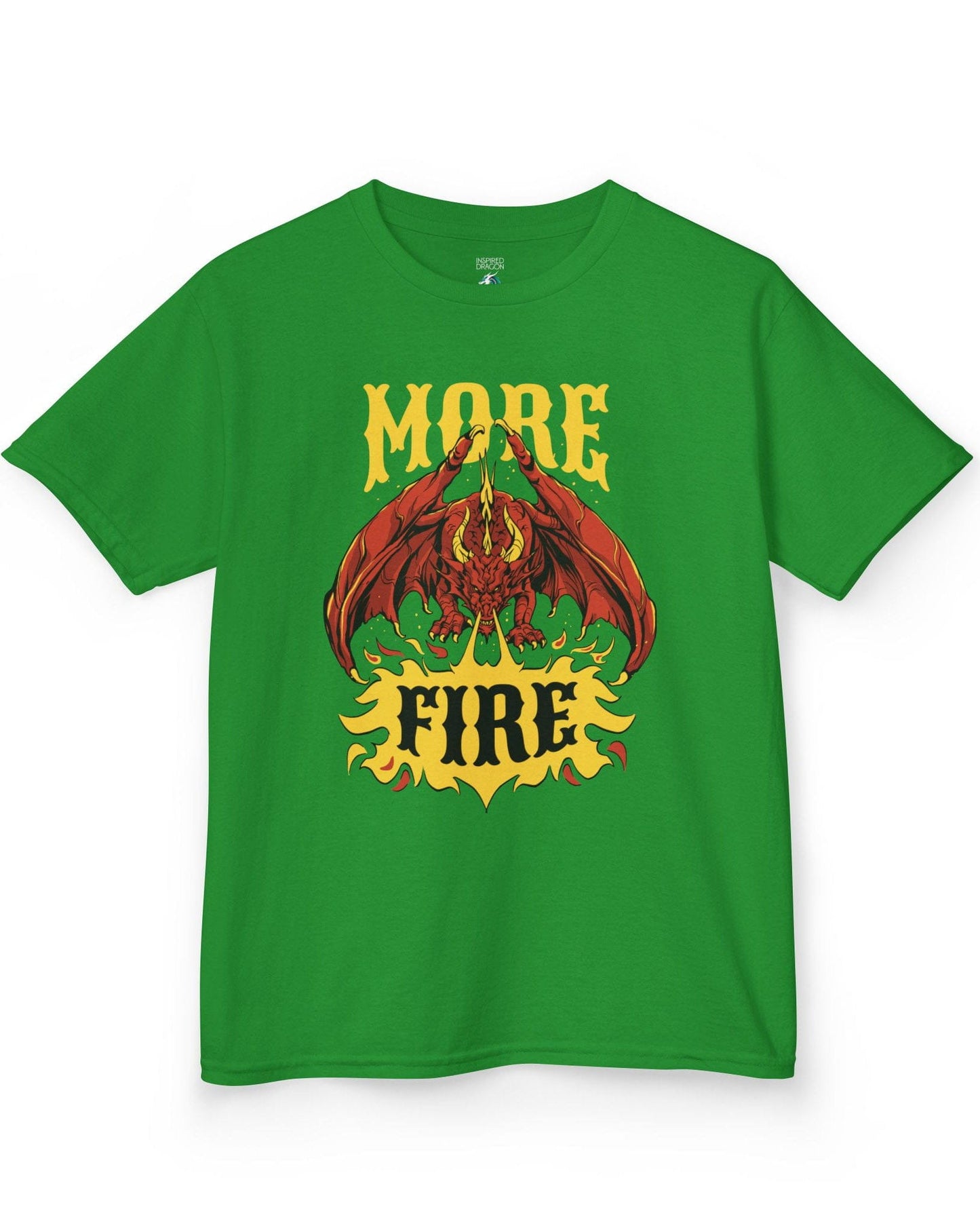 MORE FIRE shirt in Irish green, featuring a red dragon unleashing flames beneath bold yellow text.