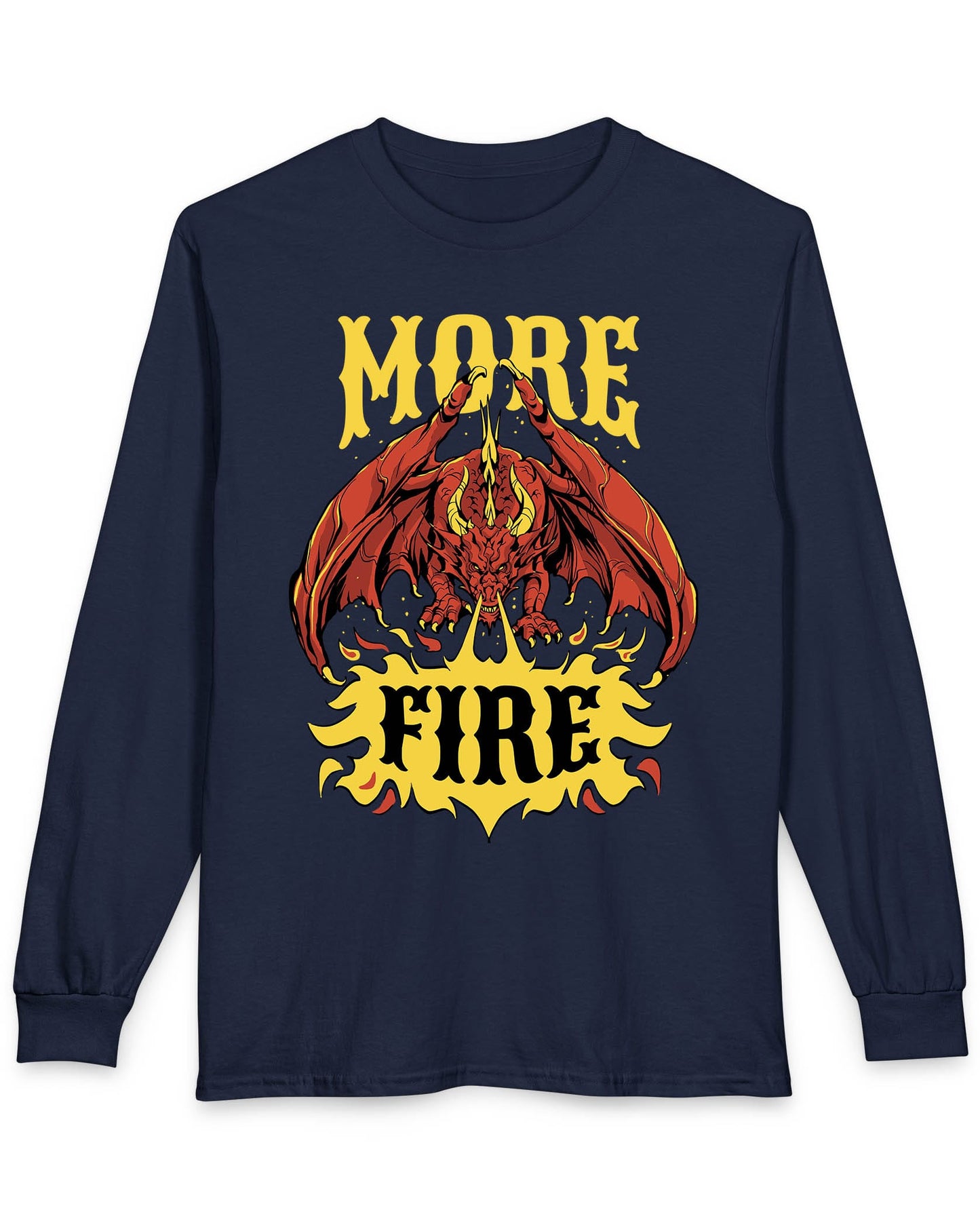 MORE FIRE shirt in navy featuring a red dragon unleashing flames beneath bold yellow text