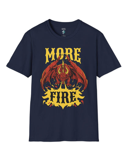 MORE FIRE shirt in navy, featuring a red dragon unleashing flames beneath bold yellow text.
