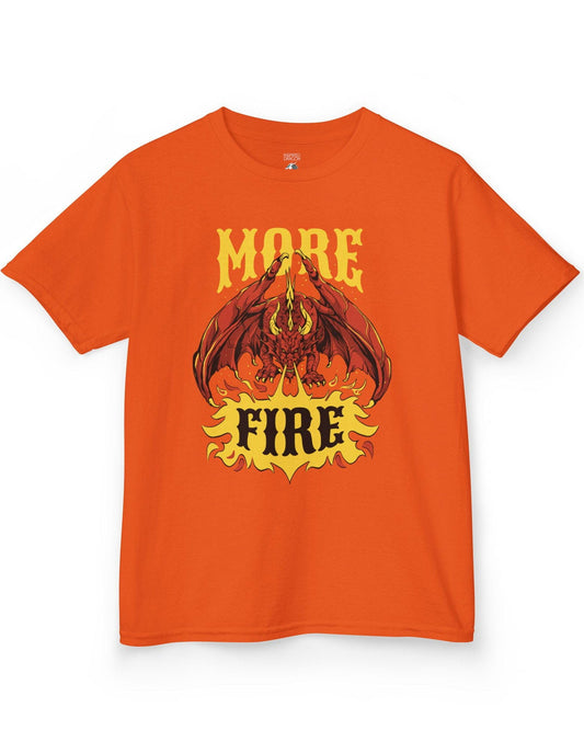 MORE FIRE shirt in orange, featuring a red dragon unleashing flames beneath bold yellow text.