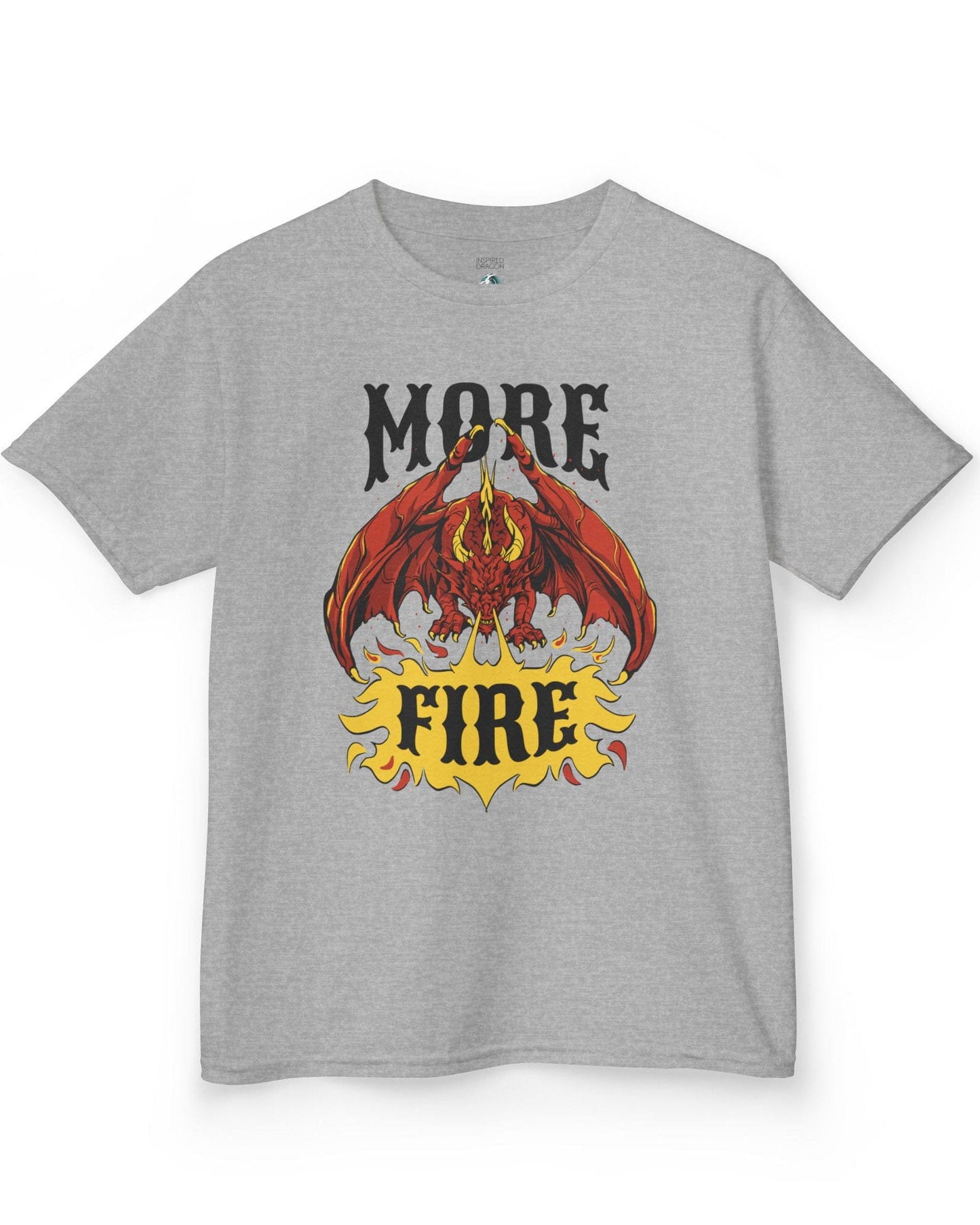 MORE FIRE shirt in sport grey, featuring a red dragon unleashing flames beneath bold yellow text.