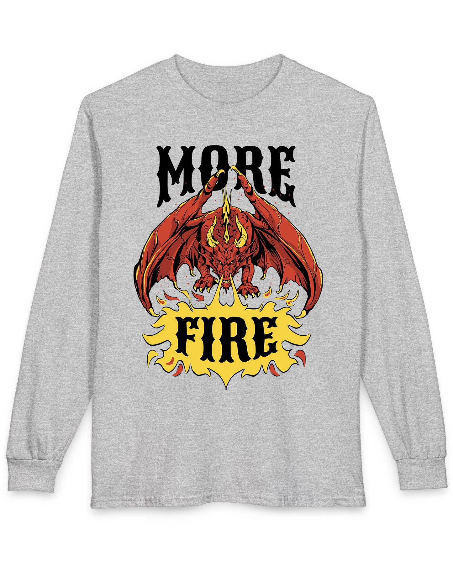 MORE FIRE shirt in sport grey featuring a red dragon unleashing flames beneath bold text