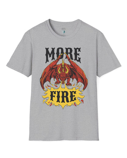 MORE FIRE shirt in sport grey, featuring a red dragon unleashing flames beneath bold yellow text.
