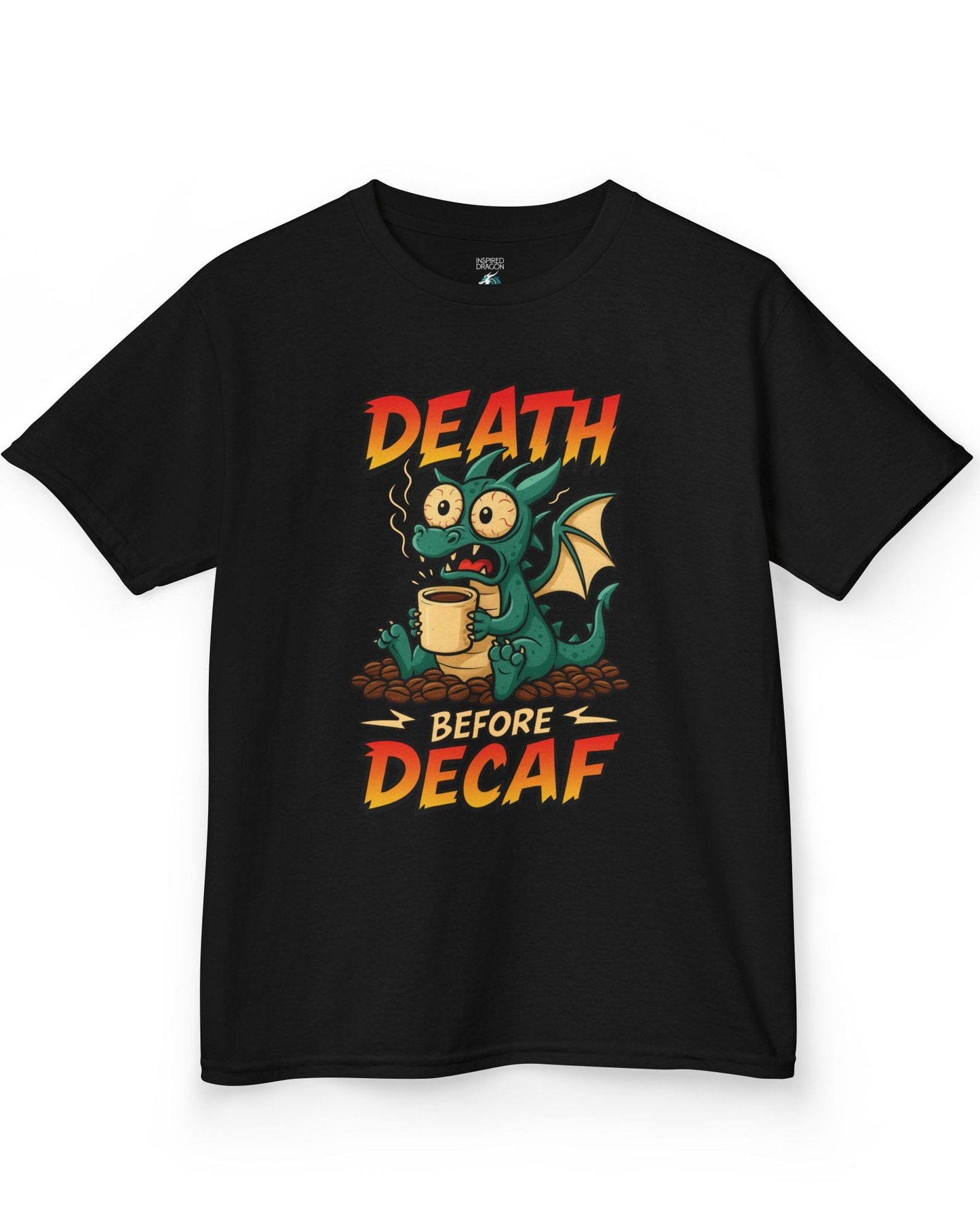 Death Before Decaf shirt in black featuring a wide-eyed green dragon clutching coffee on a pile of beans.
